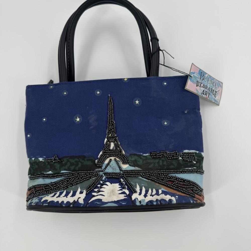 Beaded Paris Eiffel Tower Art Handbag Blue Canvas Top Handle Purse